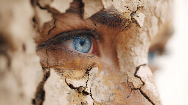 Blue eye cracked skin dry skin clay mask close up texture drought dehydration suggest anxiety in dramatic portrait with peeling earth tone surface and shallow depth of field