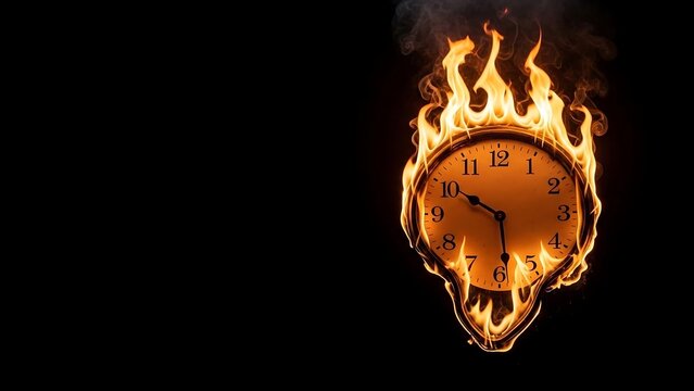Burning Time - A Clock Engulfed in Flames Against Black Backdrop.