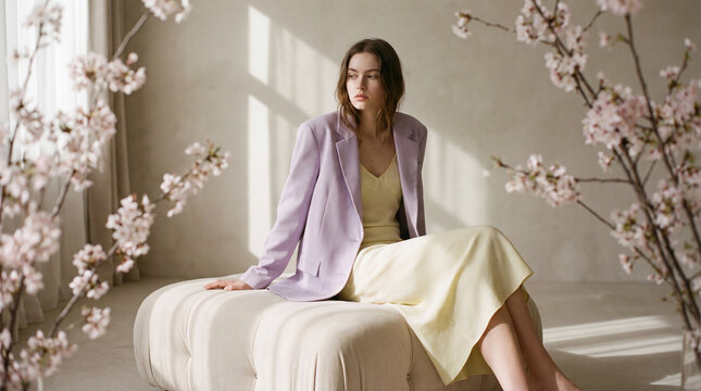 Woman in pastel fashion, wearing light purple blazer and yellow dress, sits on beige bench surrounded by blooming cherry blossoms, soft natural light, serene mood