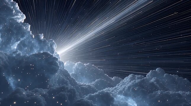 A celestial scene depicts layered, luminous clouds and stardust against a dark, streaked sky. Bright rays emanate from a central point, creating drama