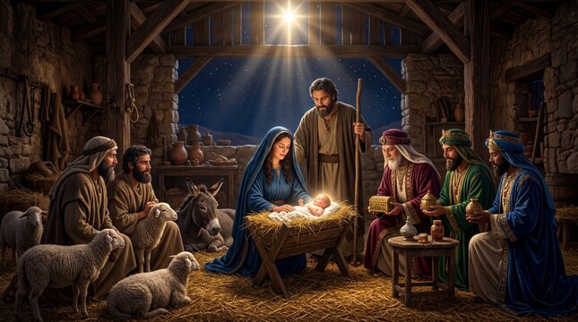 A traditional nativity scene portraying the birth of Jesus in a humble stable, with Mary, Joseph, shepherds, and wise men under a radiant guiding star