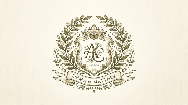 An elegant wedding monogram vector illustration featuring initials inside a floral wreath with a ribbon banner displaying names