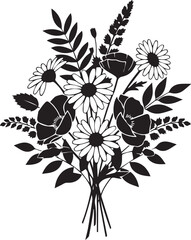 Wildflower bouquet illustration with various daisies poppies and leaves in minimalist black silhouette style for natural design.