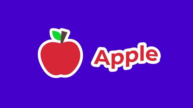 A vibrant red apple is outlined in white and paired with the word Apple in a playful pink font against a deep purple background with some texture
