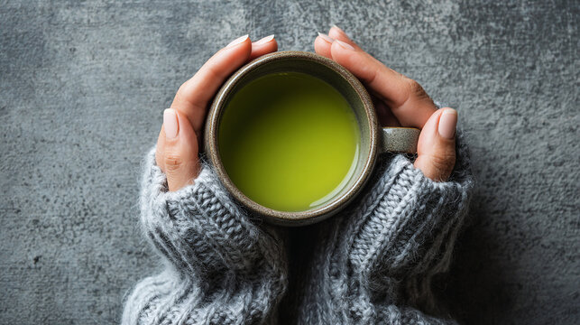 Cozy hands in a knitted sweater gently holding a warm green beverage.