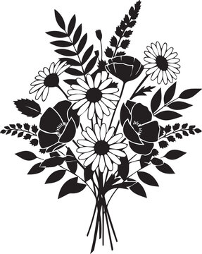 Wildflower bouquet illustration with various daisies poppies and leaves in minimalist black silhouette style for natural design.