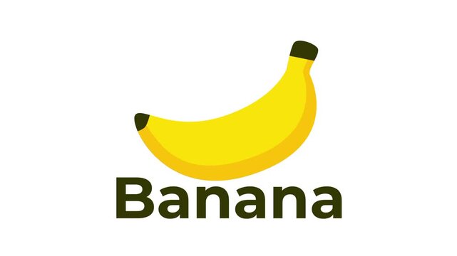 A ripe yellow banana is placed above the word Banana which is written in a lowercase black font all centered on a simple white and dark gray layout