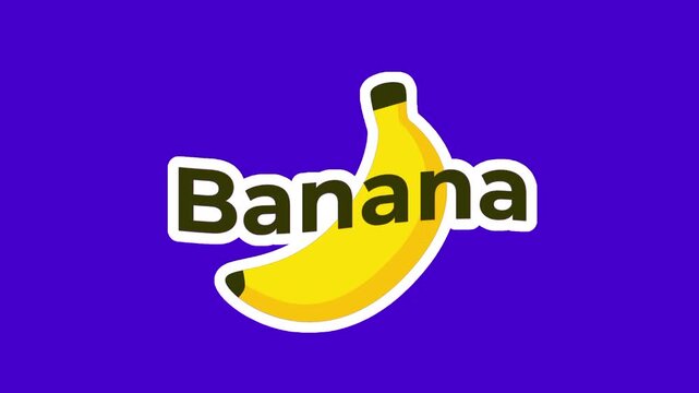 The word Banana appears in a yellow bubble font with a black outline positioned next to a bright yellow banana on a vivid purple and dark background