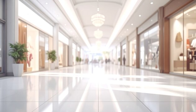 A brightly lit, empty shopping mall corridor with storefronts