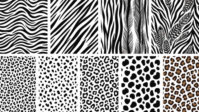 Collection of Seamless Animal Print Patterns Featuring Zebra Stripes Leopard Spots Cheetah Fur and Exotic Wild Life Textures for Fashion Textile Design and Decor