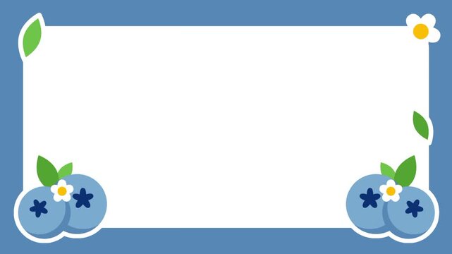 A white rectangular frame is decorated with blue blueberries and small white flowers in the bottom corners on a light blue background with white vines