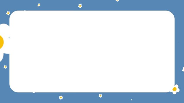 A large white rounded rectangle is centered on a blue background that features small white and yellow flower accents along the bottom and side edges