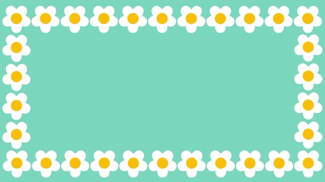 The image displays a green rectangular frame with a thick border of small white daisy flowers on a darker teal background with a dark gray base line