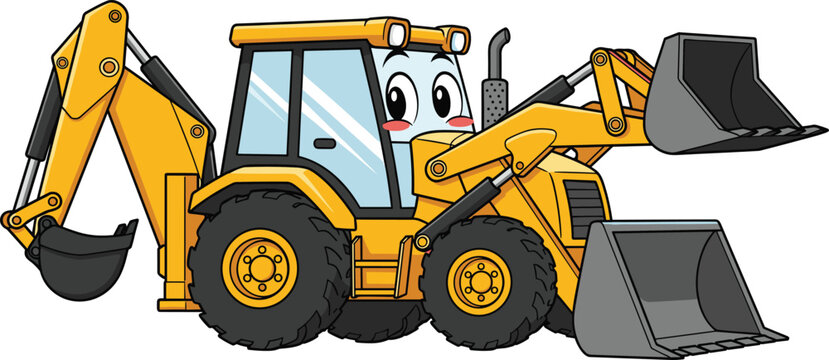 Cute Cartoon Backhoe Loader Character with Friendly Face and Big Eyes Isolated on White Background for Children Education and Construction Theme Design