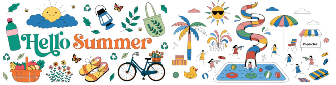 A colorful vector graphic illustration of summer icons and symbols with the words Hello Summer