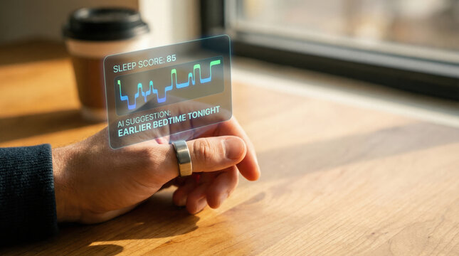 AI healthcare wearable shows sleep score and health data on tech device for better health and improved sleep quality with AI health monitoring