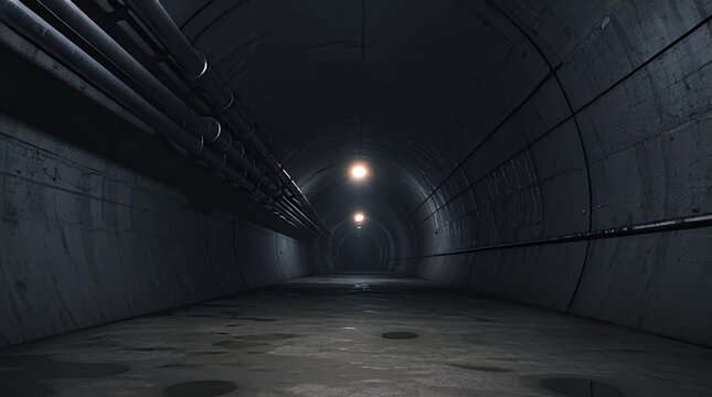 A dark, curved concrete tunnel stretches into the distance, with dim lights and water puddles on the floor. Pipes run along the left
