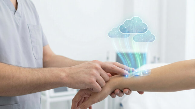 Healthcare ai wearable health tech concept showing digital cloud data transfer from device on wrist to medical professional in clinic environment