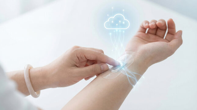 Smart healthcare wearable device on wrist using ai tech for health monitoring with cloud data transfer and futuristic digital interface