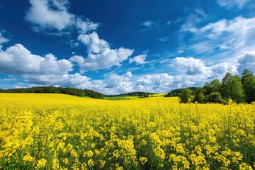 Obraz premium Rapeseed flower field in Germany under blue sky with yellow blossoms green trees white clouds, high-resolution wide-angle nature landscape for travel posters spring backgrounds agricultural ads rural 