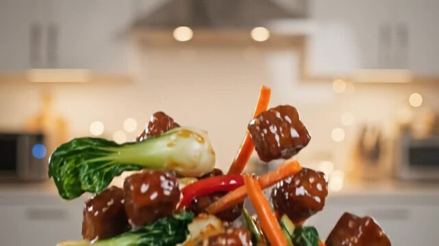 Delicious Asian-inspired tofu stir fry with bok choy, carrots, and red peppers falling in front of a kitchen background