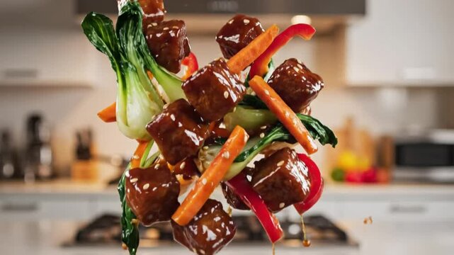 Delicious Asian-style teriyaki tofu stir-fry with bok choy, carrots, and red peppers prepared for a healthy meal