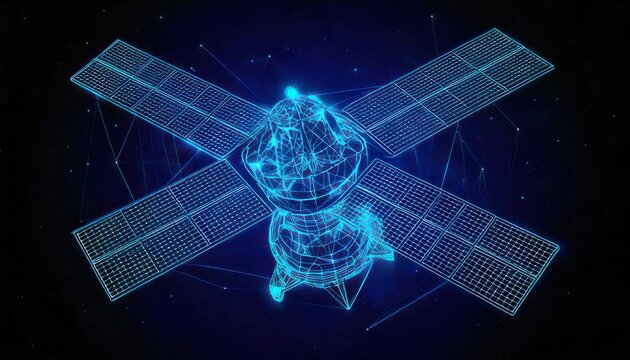 Futuristic Satellite Model with Glowing Blue Wireframe Design in Space.