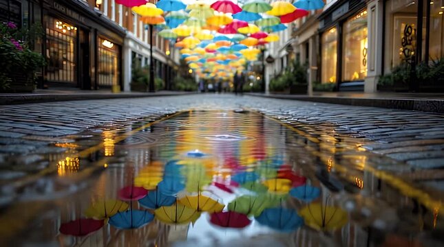 A rainy street scene features colorful umbrellas suspended overhead, reflected in a large puddle on cobblestone. The storefronts are lit