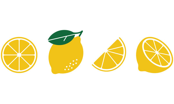 Vector graphic illustration of four different lemon slices and a whole lemon with leaf on a white background for design and food concepts
