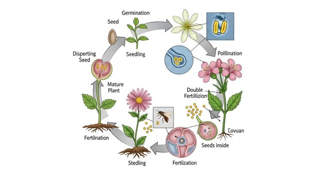 Complete life cycle of a flowering plant diagram showing pollination, double fertilization, seed and fruit formation, seed dispersal, germination, seedling growth and development into a mature plant t