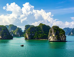 Fototapeta premium A serene turquoise sea surrounded by lush green limestone karsts