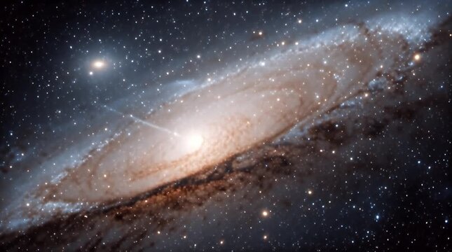 A sprawling, cosmic spectacle a celestial spiral galaxy shimmers against a dark, star-speckled void. A bright core emits radiant beams