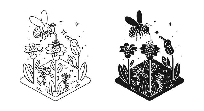 Minimalist isometric bee and flower vector illustration, honey bee pollinating garden blossoms, black and white line art and silhouette set