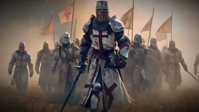 Crusader Knights Army Marching Through Battle Smoke