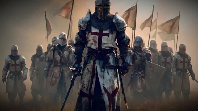 Crusader Knights Army Marching Through Battle Smoke