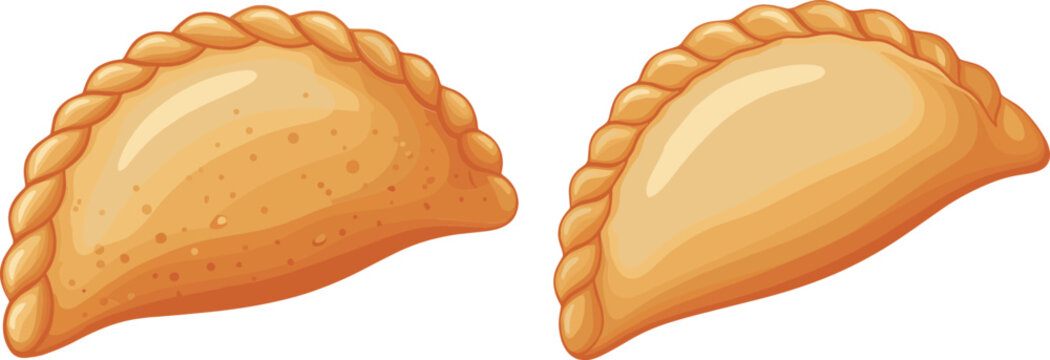 Vector Illustration of Two Delicious Empanadas with Golden-Brown Crust and Twisted Edge on a White Background