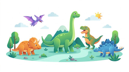 Cute Dinosaurs Group Landscape Cartoon Vector Illustration © Lapak orang bejo