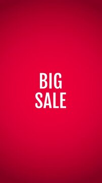 Big Sale up to 50% off animated badge on white background. Red parallelogram and circle label motion graphic, vertical portrait 9:16.