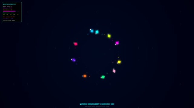 Futuristic AI diagnostic algorithms actively process quantum entanglement data, presenting intricate scientific analysis through a dynamic display of interconnected glowing particles.