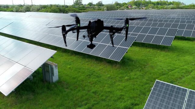 Cinematic Black Drone Flying Low Over Vast Solar Panel Farm
