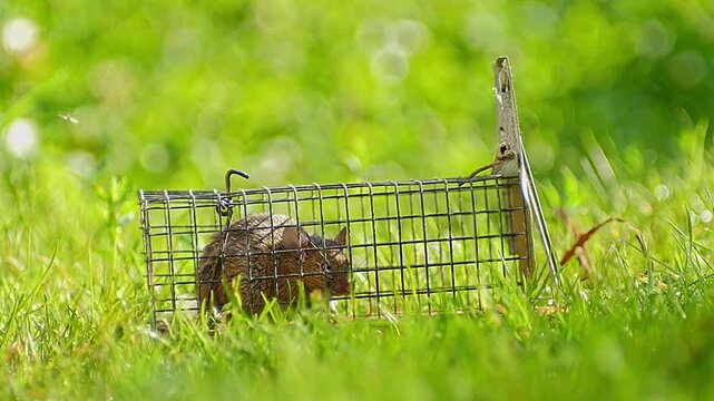 House Mouse Trapped in Mousetrap Struggling to Escape in Sunny Garden Grass
