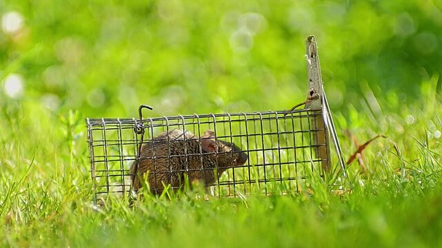 House Mouse Trapped in Mousetrap Struggling to Escape in Sunny Garden Grass
