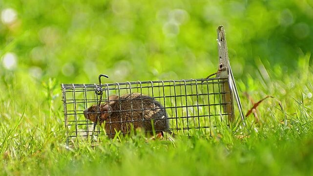 House Mouse Trapped in Mousetrap Struggling to Escape in Sunny Garden Grass