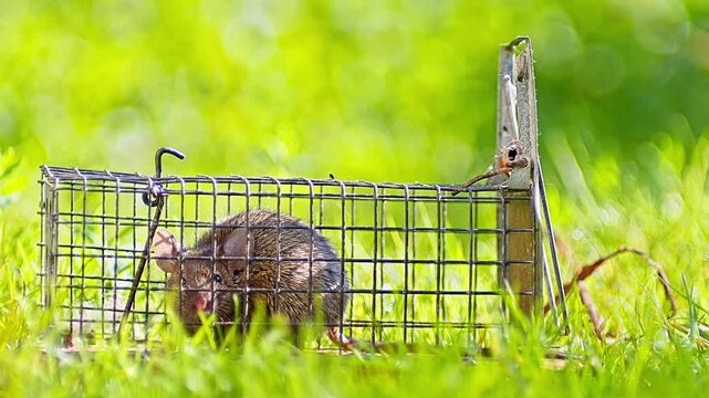 House Mouse Trapped in Mousetrap Struggling to Escape in Sunny Garden Grass