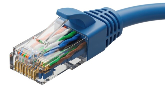 Blue ethernet network cable with RJ45 connector, high speed internet data patch cord, telecommunications hardware for broadband connection