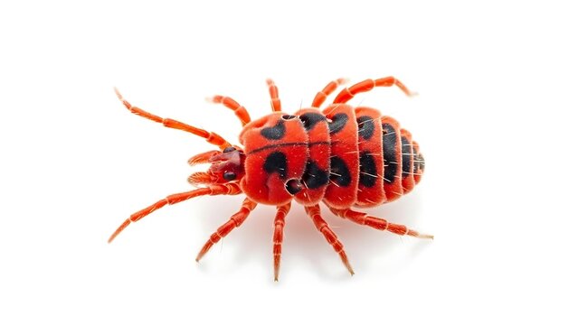 Red and Black Mite on White Background - A Detailed Close-Up.