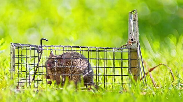 House Mouse Trapped in Mousetrap Struggling to Escape in Sunny Garden Grass