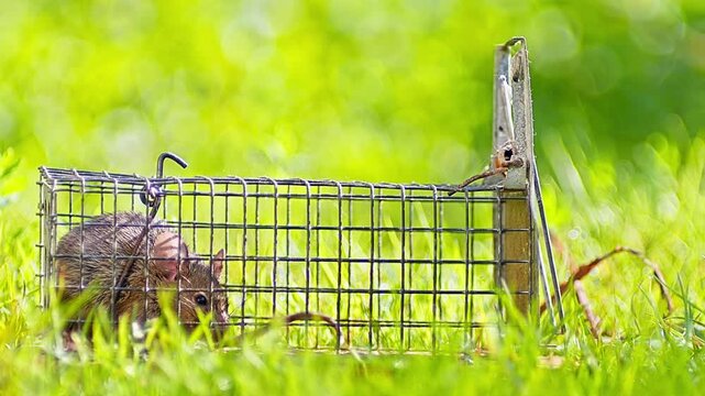 House Mouse Trapped in Mousetrap Struggling to Escape in Sunny Garden Grass