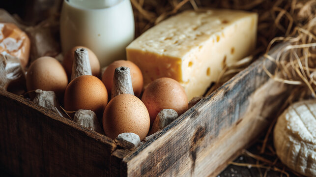 Fresh eggs and cheese displayed in a rustic wooden box