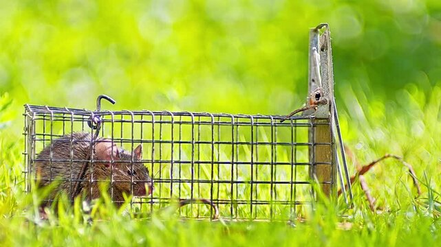 House Mouse Trapped in Mousetrap Struggling to Escape in Sunny Garden Grass